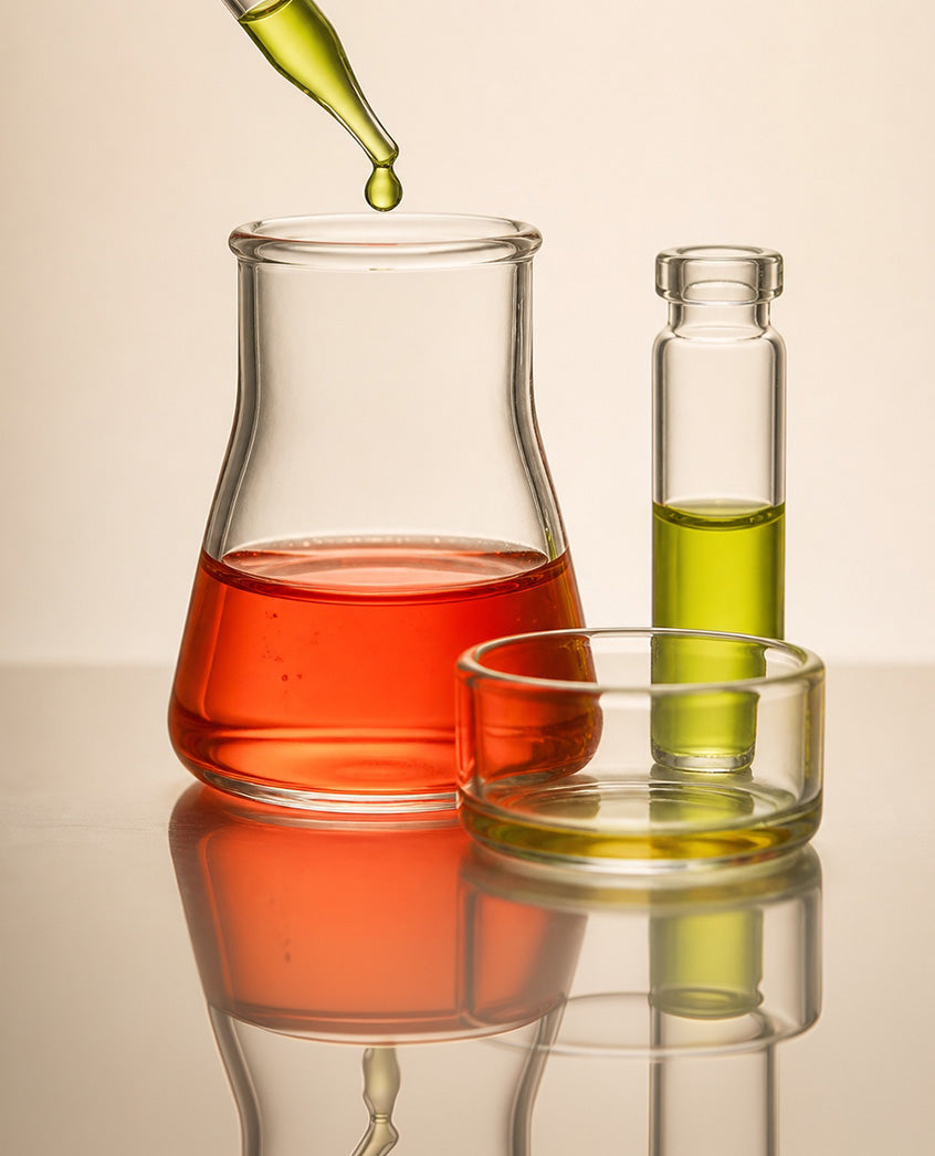 Glass flask, vial, dish, and dropper with flavor liquids