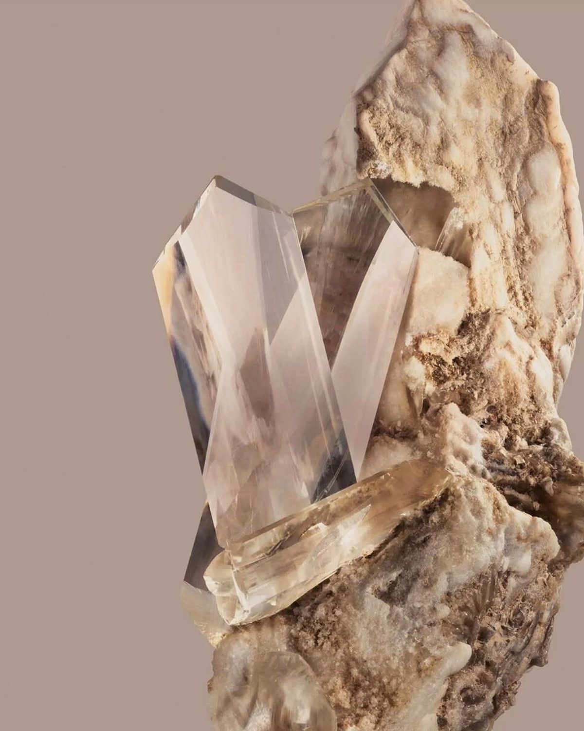 Clear mineral crystal on a natural stone base