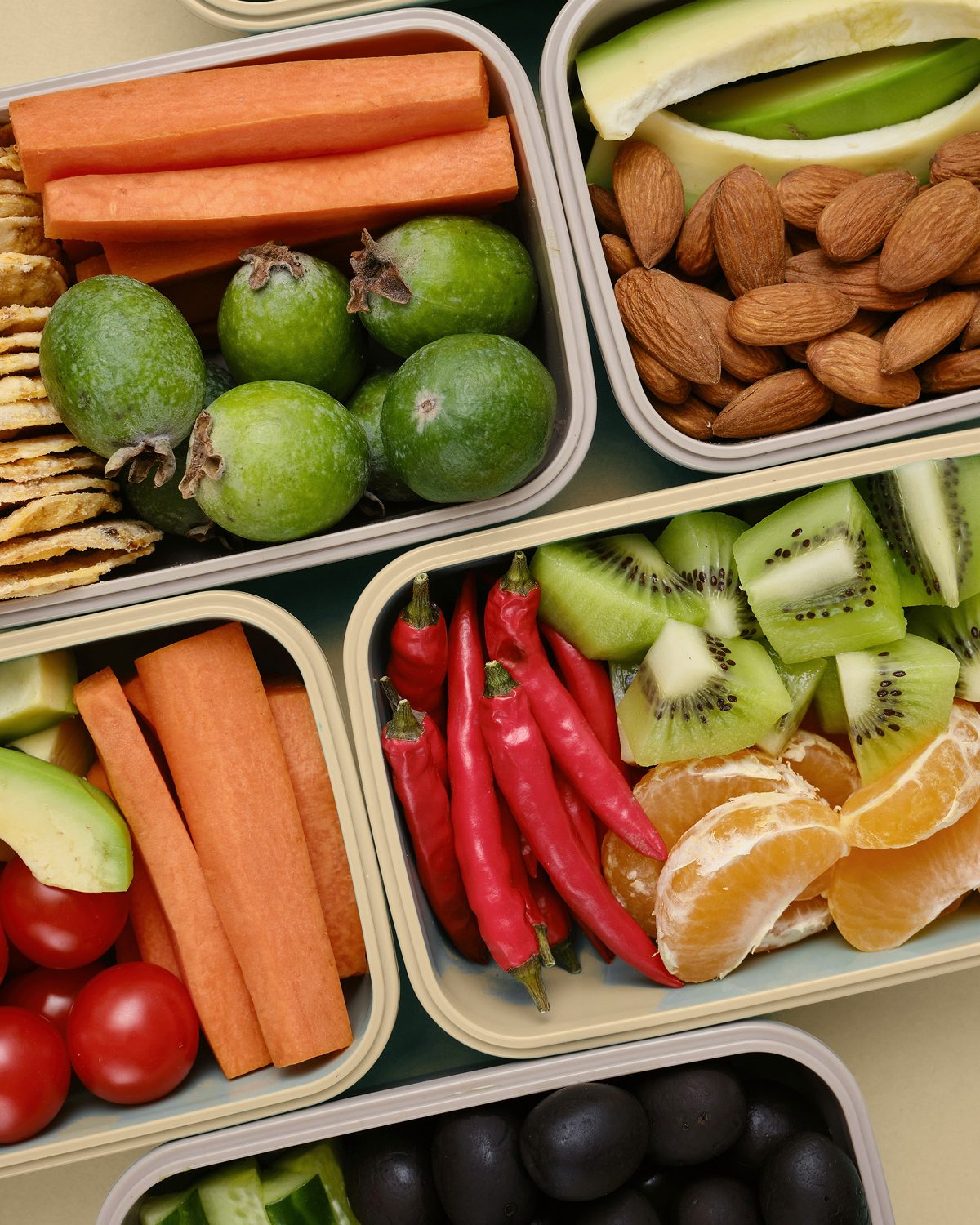 Colorful fruit, vegetables, and almonds