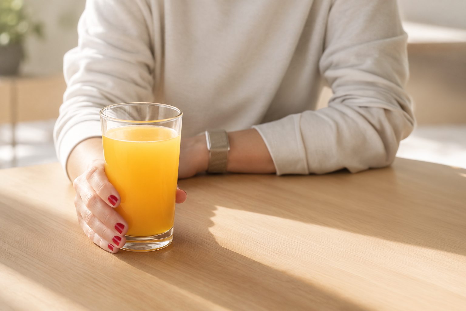 Person holding a glass of Brain Ritual orange drink on a wooden table in natural light