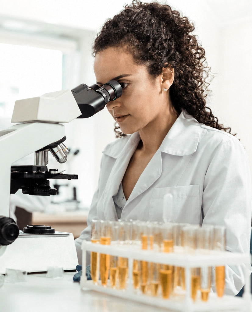 Researcher in a white lab coat looking into a microscope beside orange laboratory samples