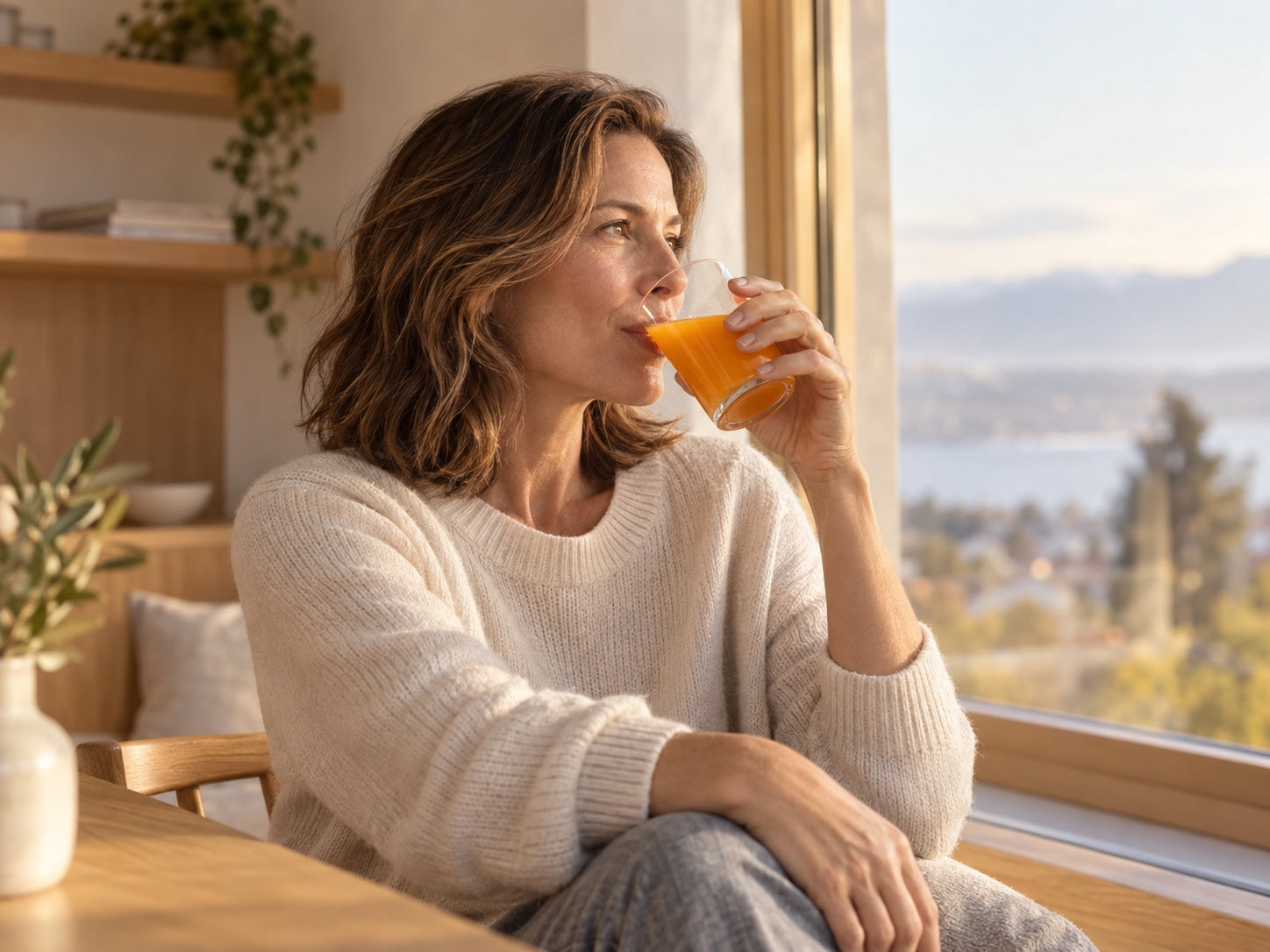 A woman drinking an orange beverage while looking out a sunlit window