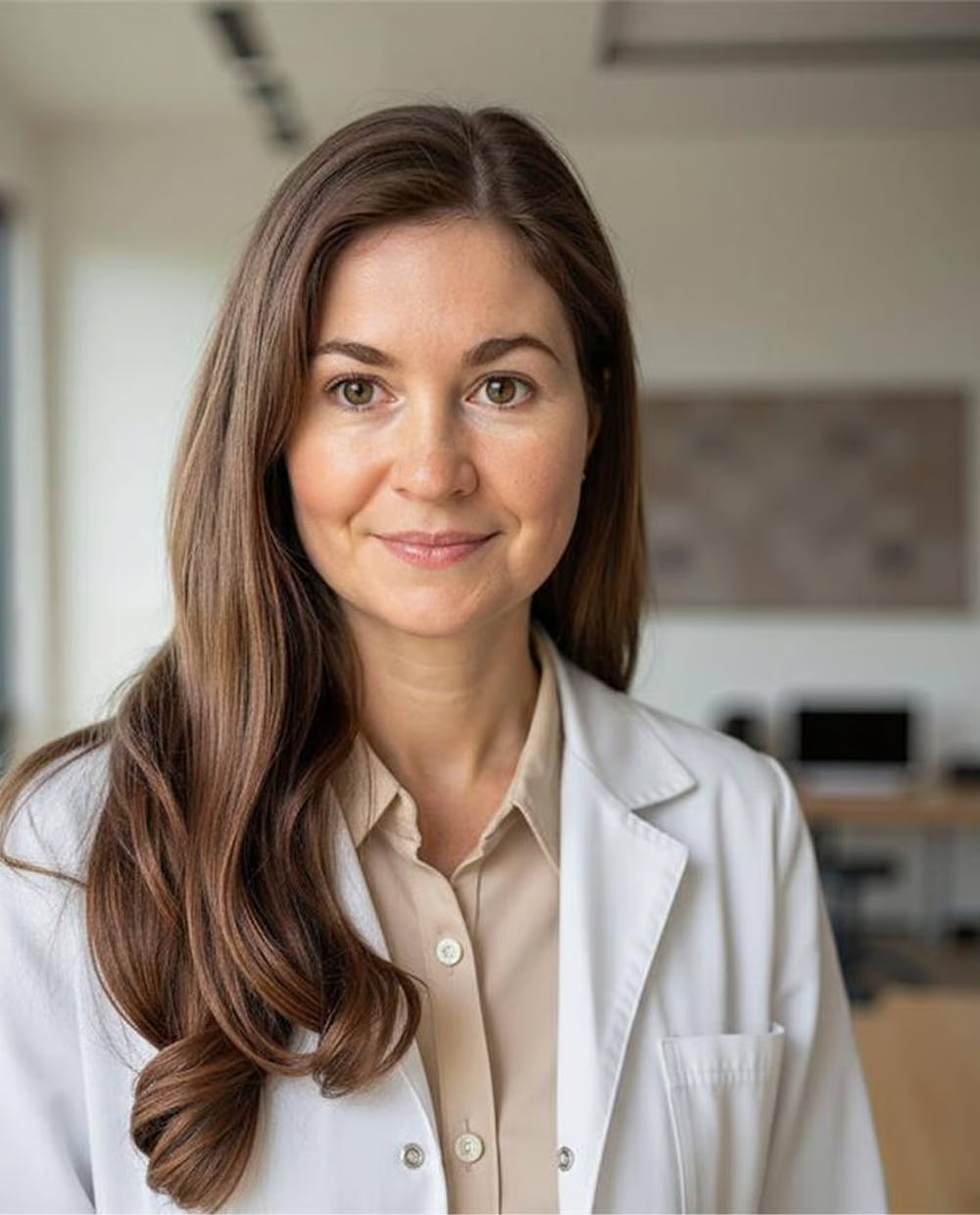 Dr. Elena Gross in a white lab coat