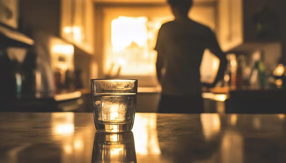Glass of water in warm evening light
