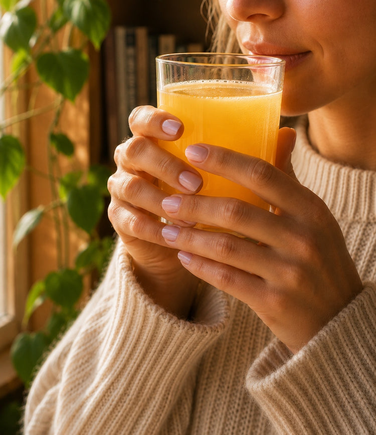 Woman drinking Brain Ritual by a sunlit window