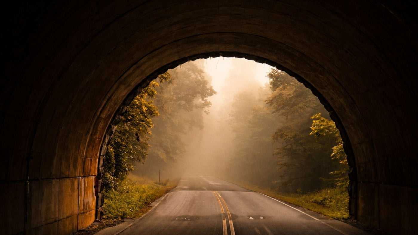 Misty tunnel at dawn to represent tunnel vision and migraine aura for an article about aura migraines without headache or silent migraine