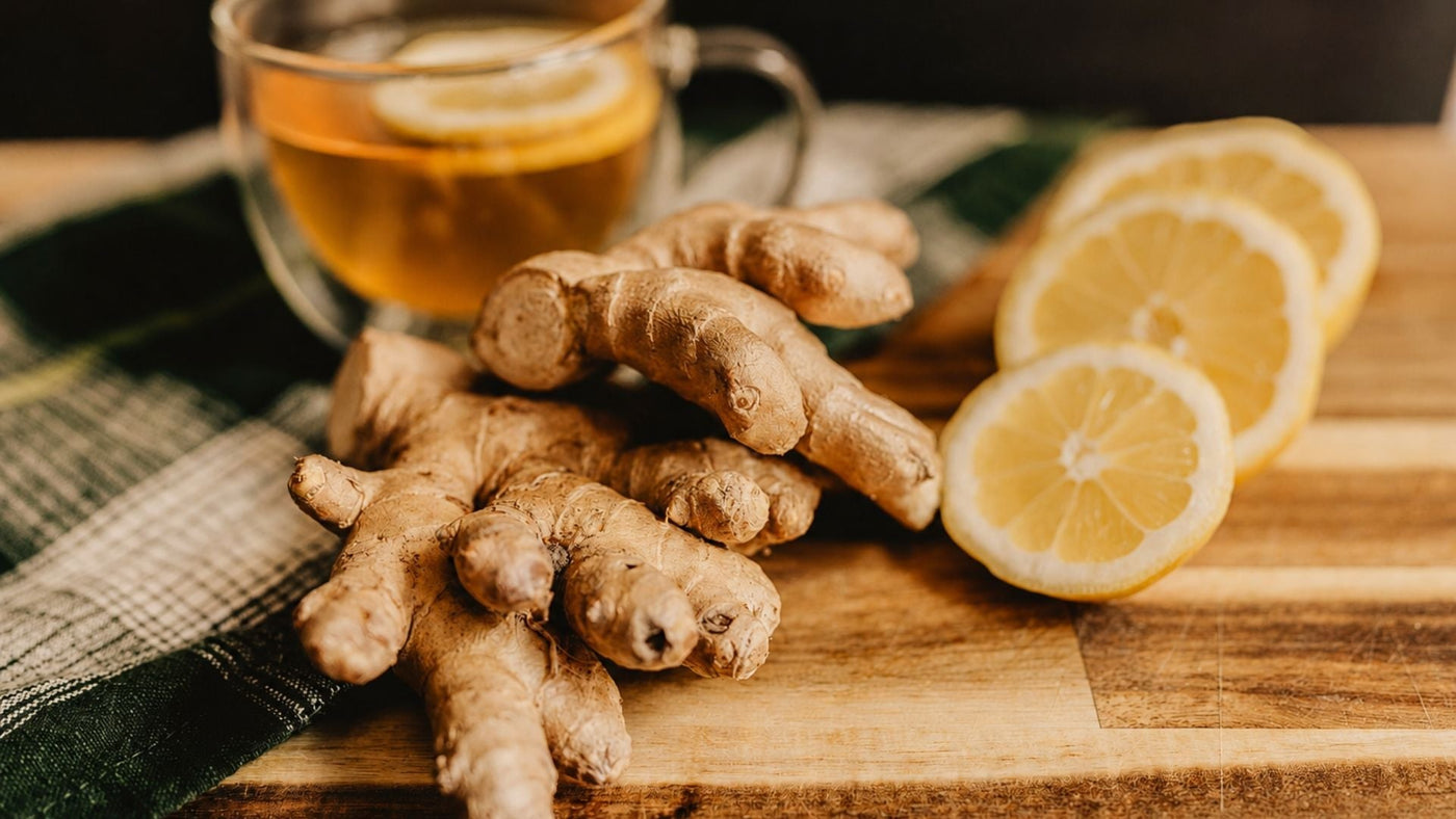 Ginger, ginger tea, and lemons for an article on Ginger for Migraines: Tea, Nausea and Natural Support