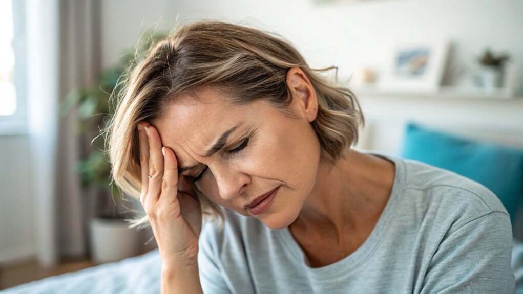 Woman holding head with eyes closed in discomfort.