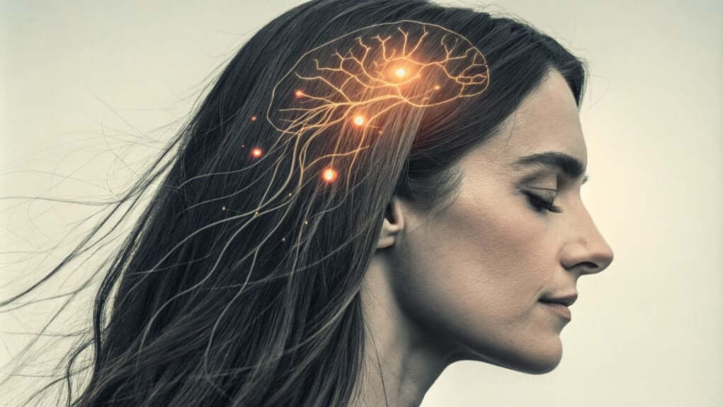 Woman with long hair and glowing brain nerve illustration