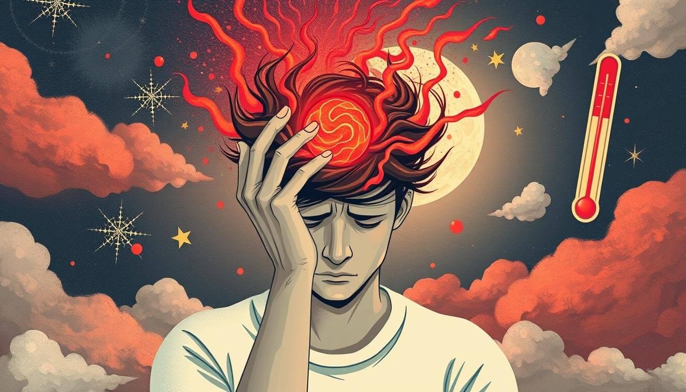 Illustration of person holding head with fever and migraine