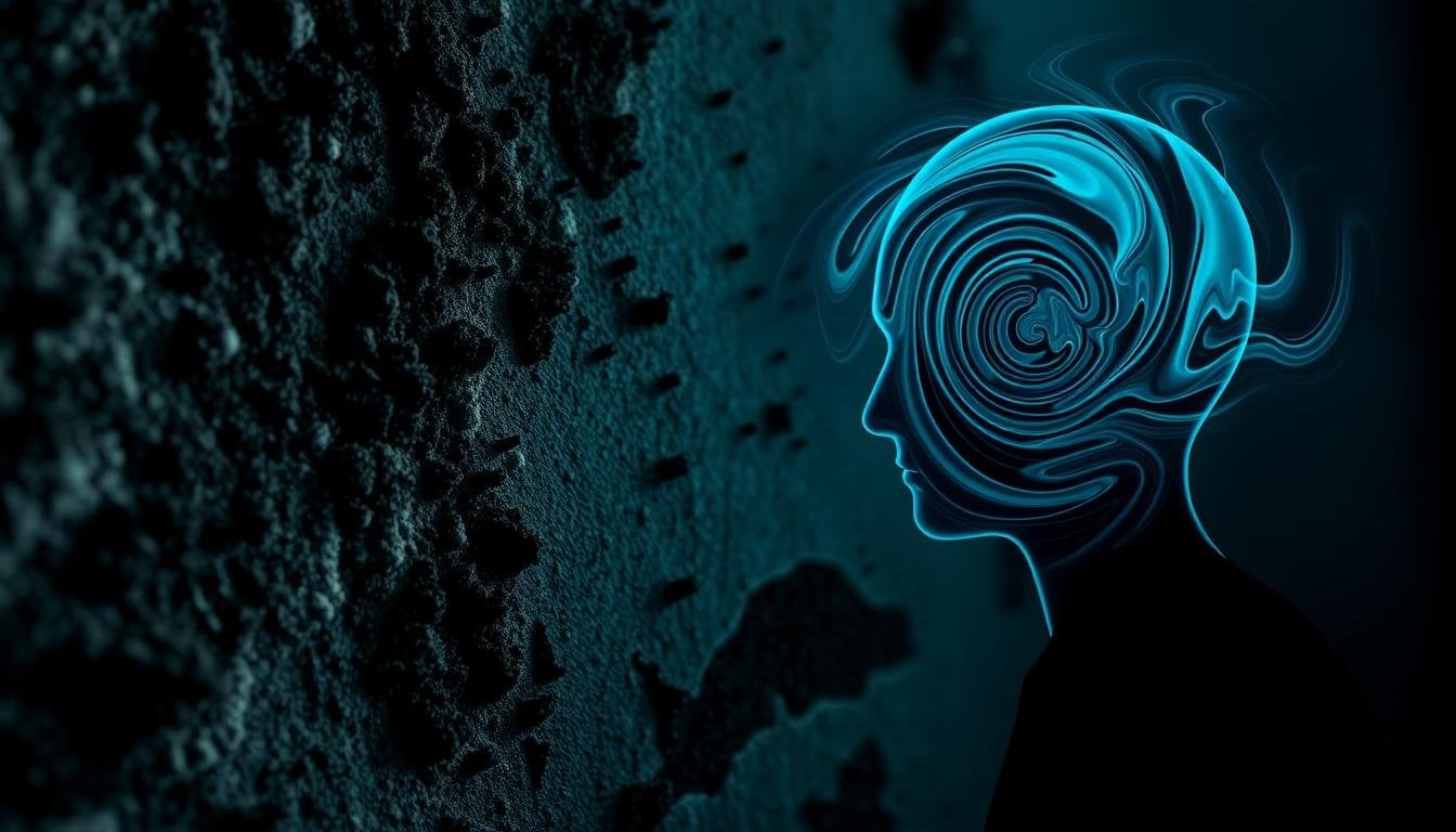 Silhouette with swirling head facing moldy wall