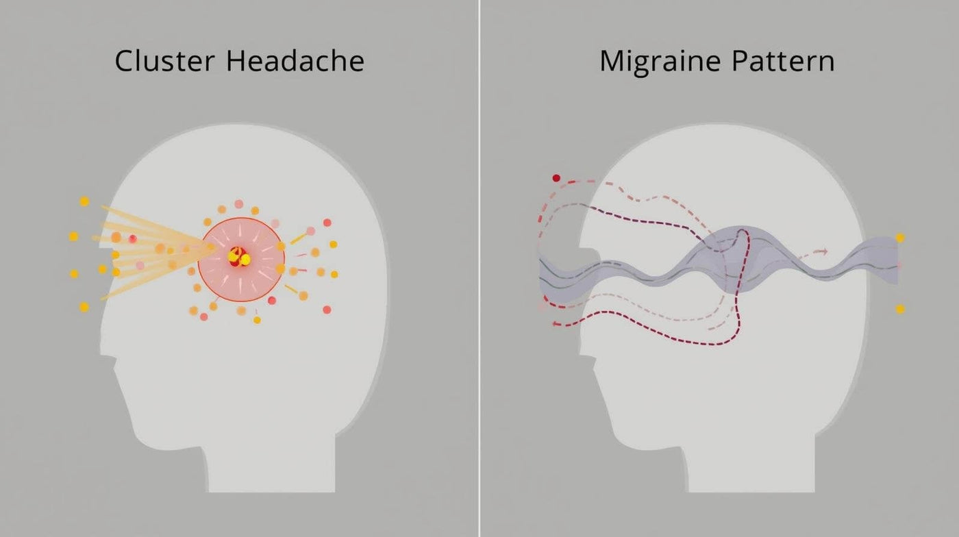 Illustration comparing cluster headache vs migraine symptom patterns over time