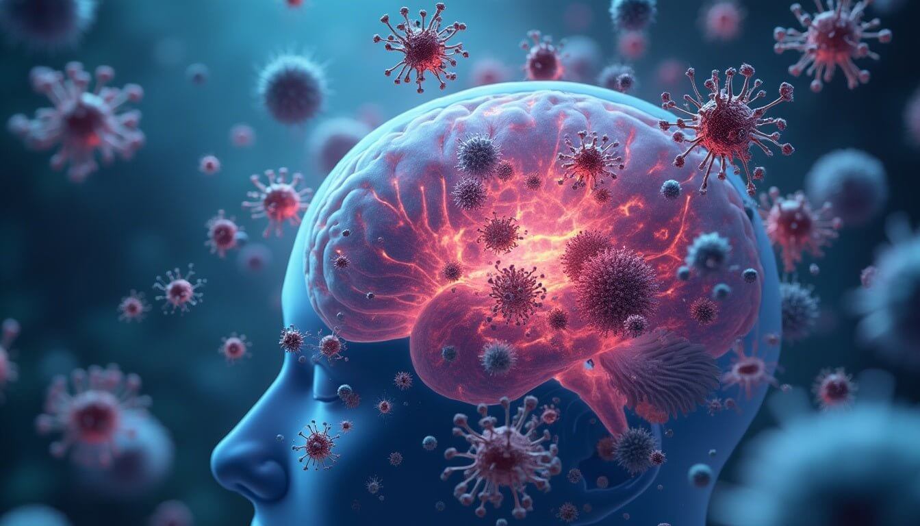 Illustration of human brain surrounded by glowing virus-like particles