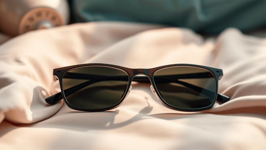 Black migraine glasses resting on soft beige fabric