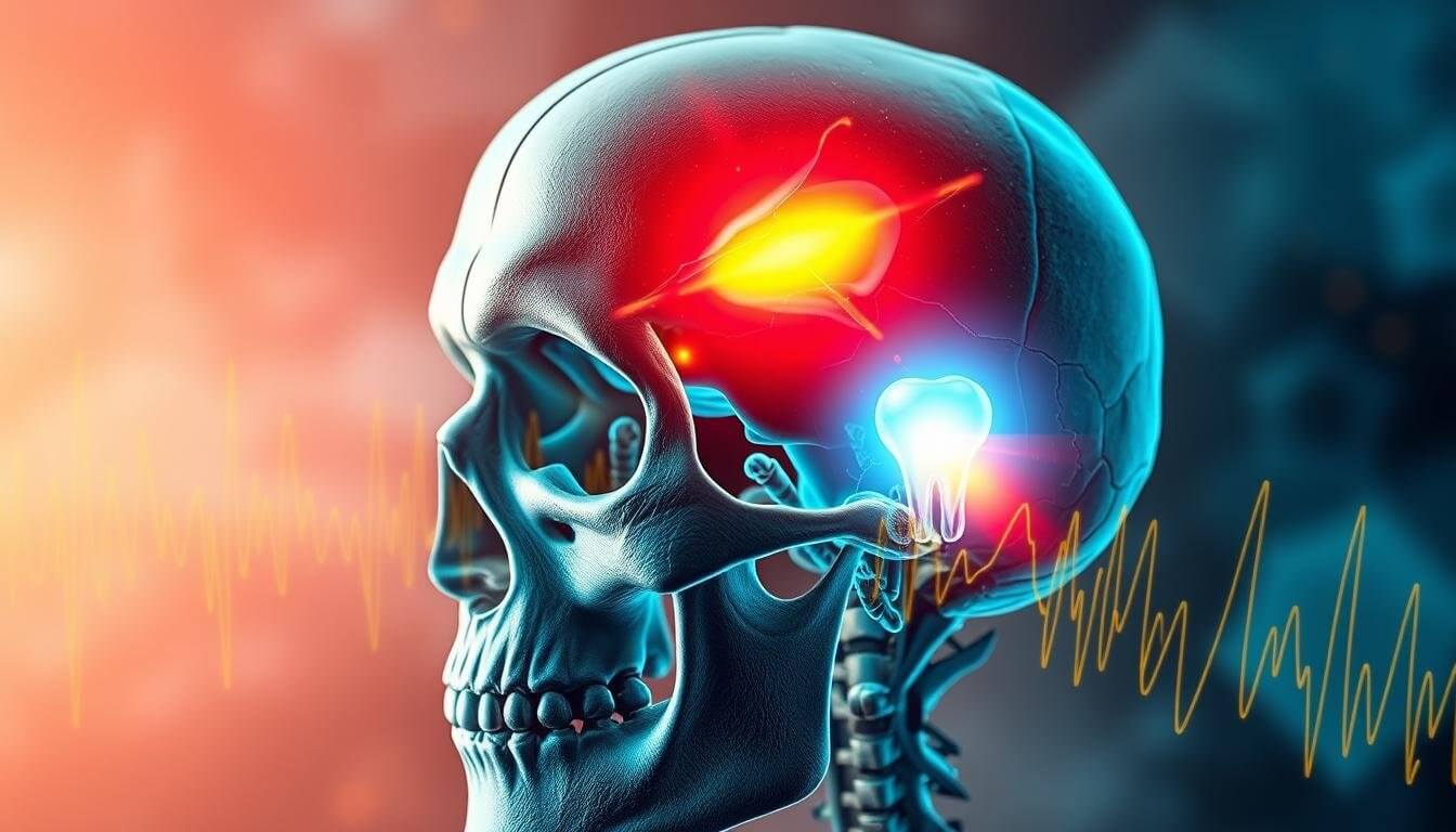 Illustration of human skull highlighting migraine pain radiating to tooth