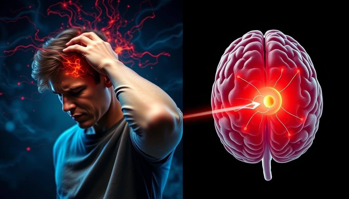 Split image showing man with head pain and illustration of brain aneurysm