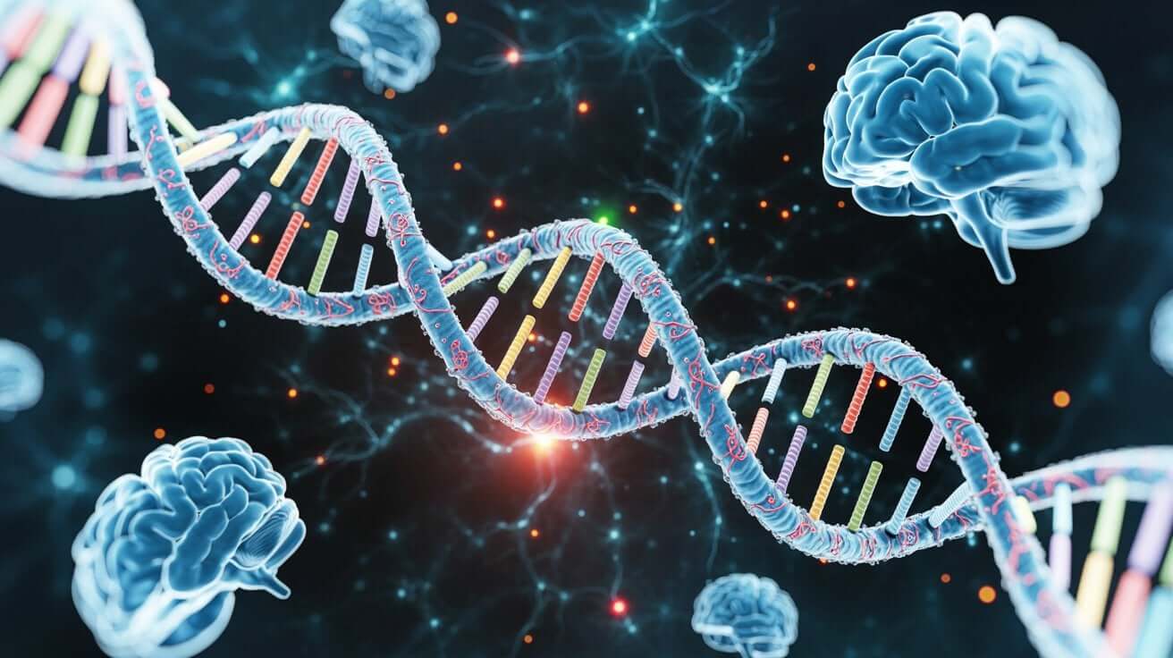DNA double helix illustration surrounded by multiple glowing brain images