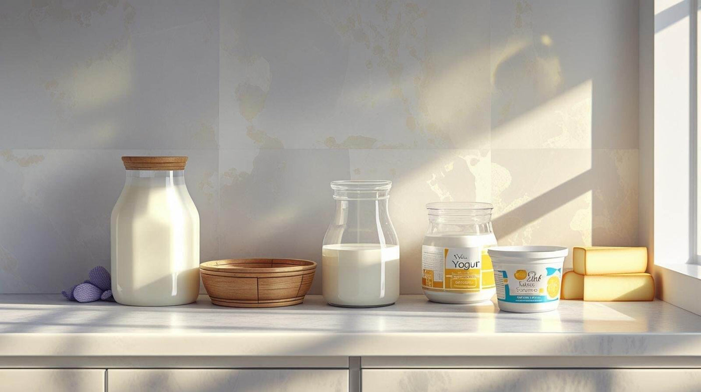 Common dairy foods on a kitchen counter relating to the question of can dairy cause migraines