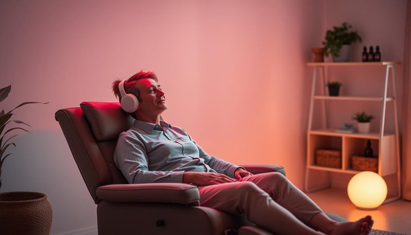 Person relaxing in a chair with headphones in a softly lit room.