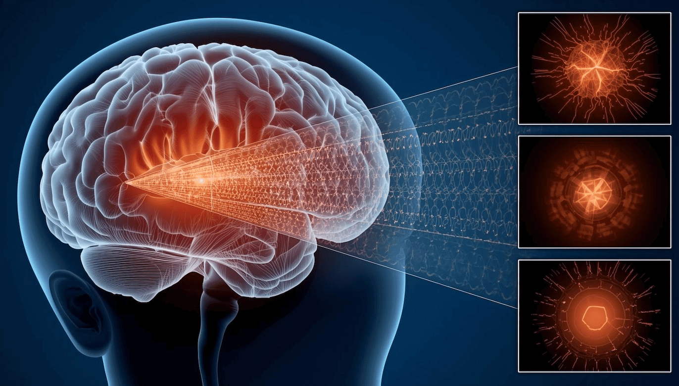 Silent migraine illustration showing brain activity and aura symptoms without headache