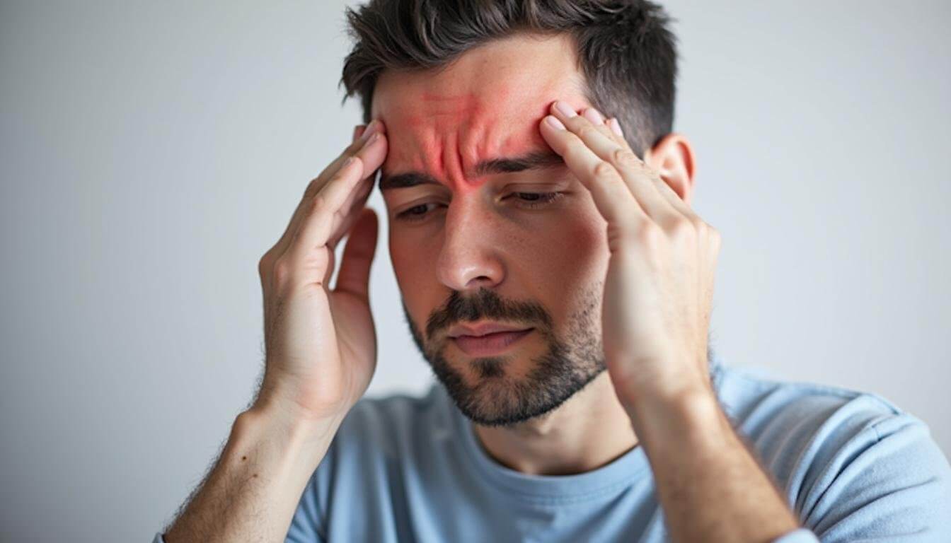 Man holding head with red highlighted forehead indicating migraine pain