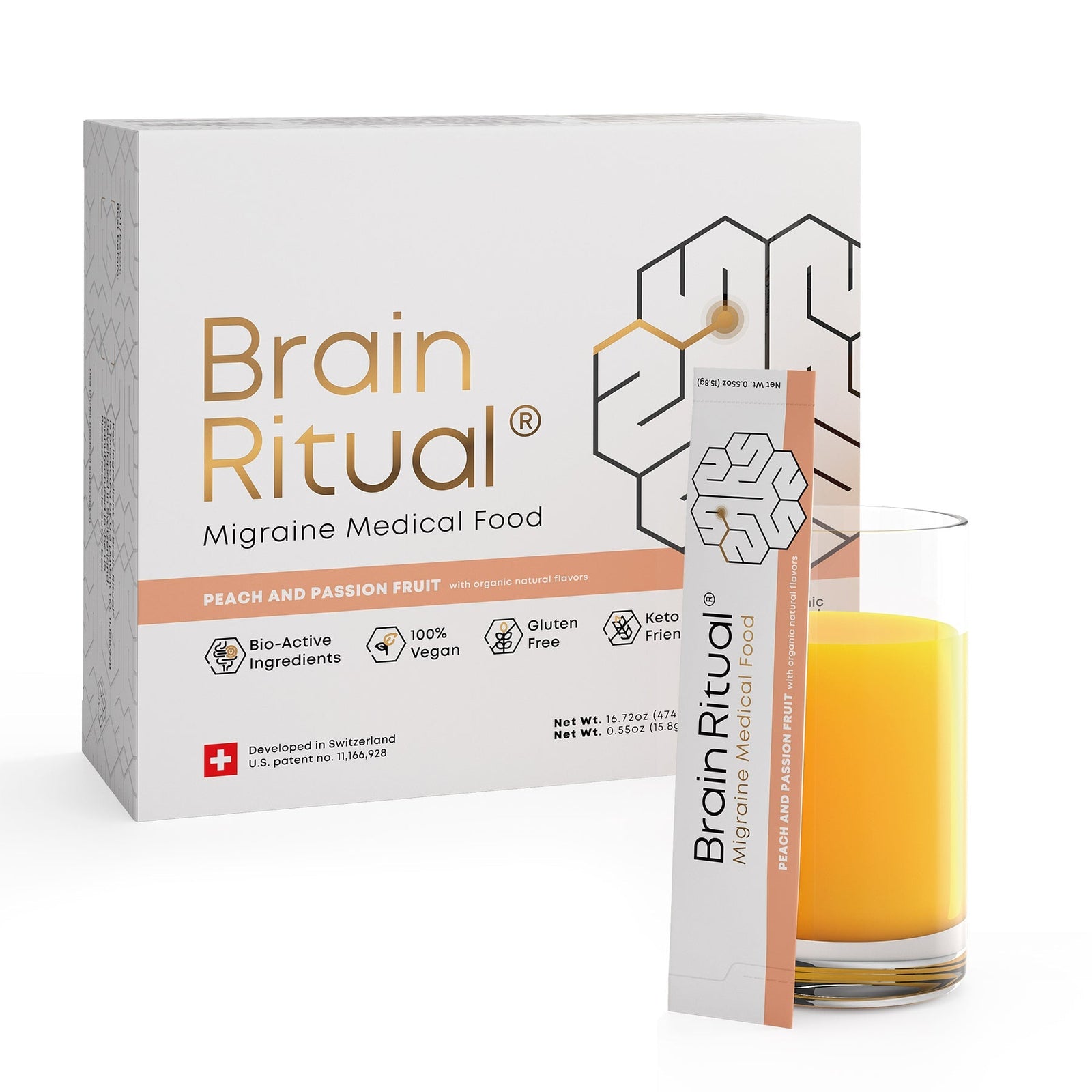 Brain Ritual migraine medical food packaging with a glass of yellow liquid on a white background