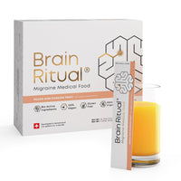 Brain Ritual migraine medical food packaging with a glass of yellow liquid on a white background