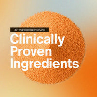 Orange powder. Image text reads: 30-plus ingredients per serving. Clinically proven ingredients.