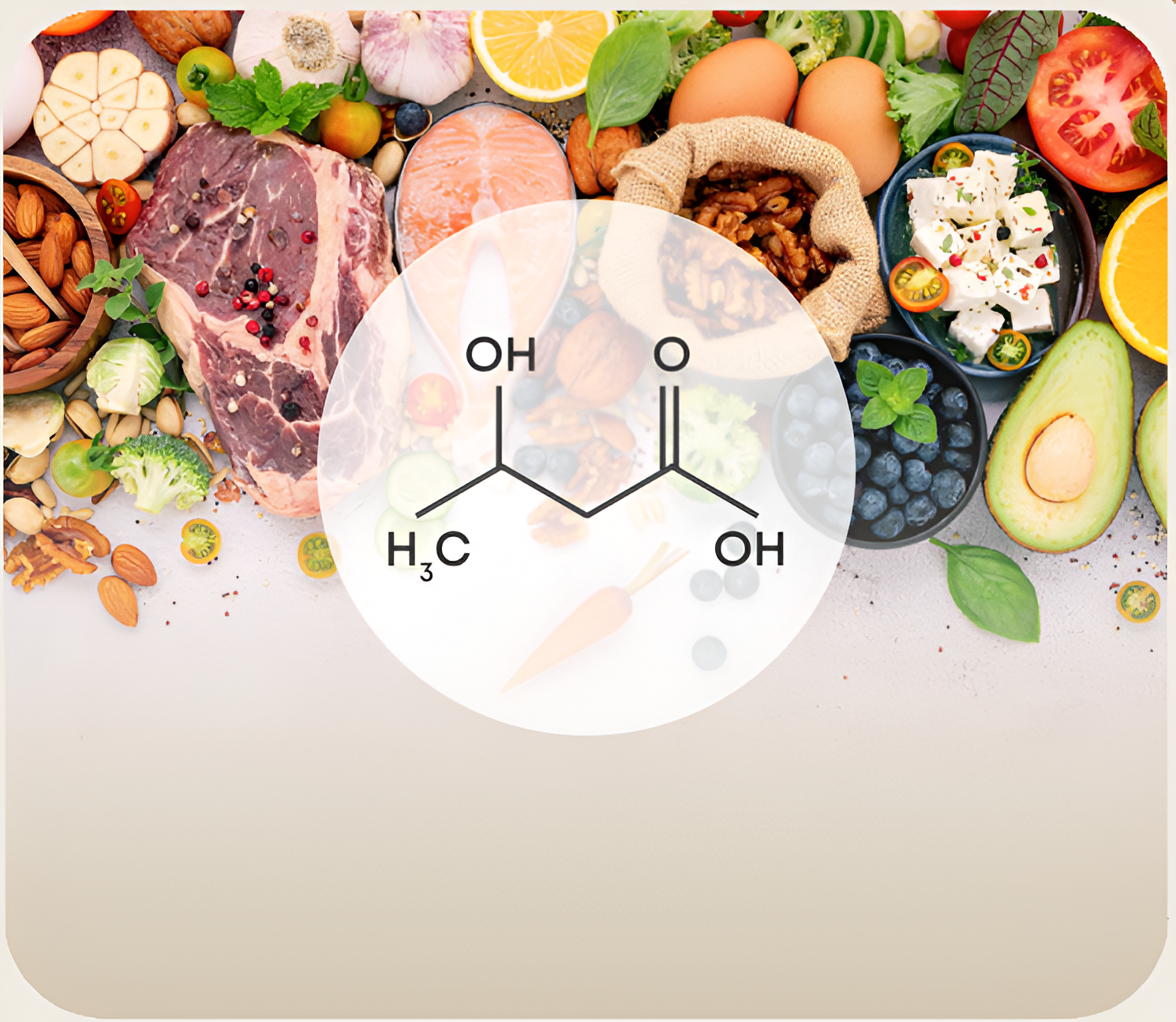 Assorted foods with a chemical structure overlay.