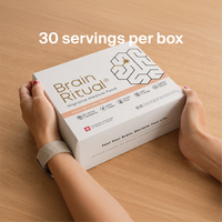 Hands holding a Brain Ritual Migraine Medical Food box. Image text reads: 30 servings per box.