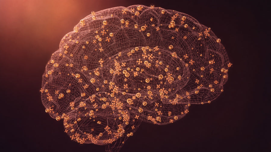 Warm editorial rendering of a brain network with glowing metabolic signals