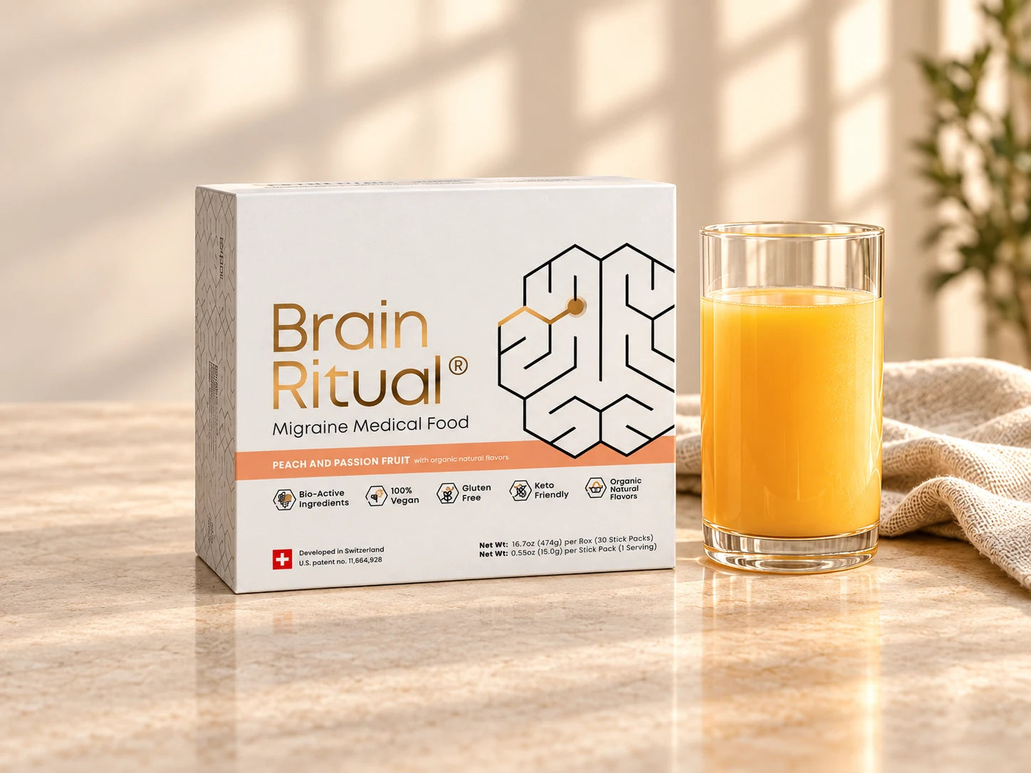 Brain Ritual box and drink in soft afternoon light