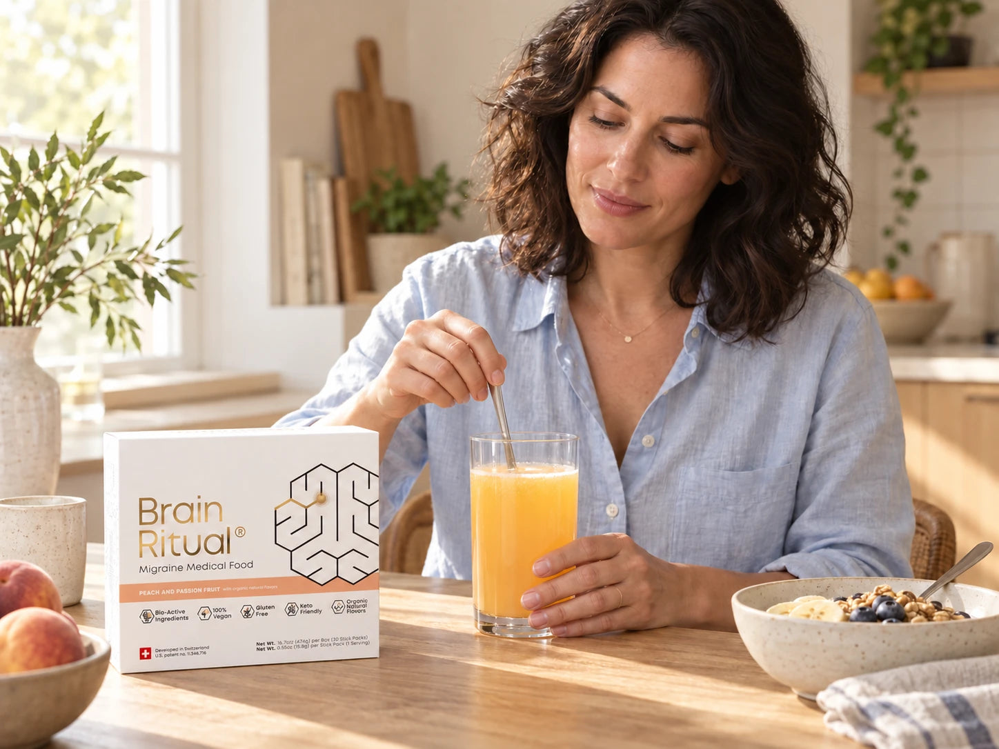 Woman preparing her morning drink at a kitchen table