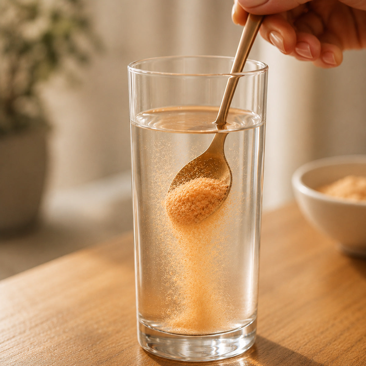 A spoon stirring orange powder into a clear glass of water