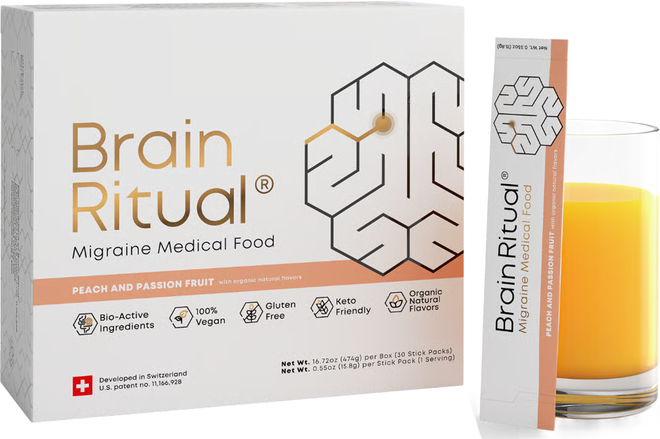 Brain Ritual box with a stick pack and glass of prepared peach passion fruit drink