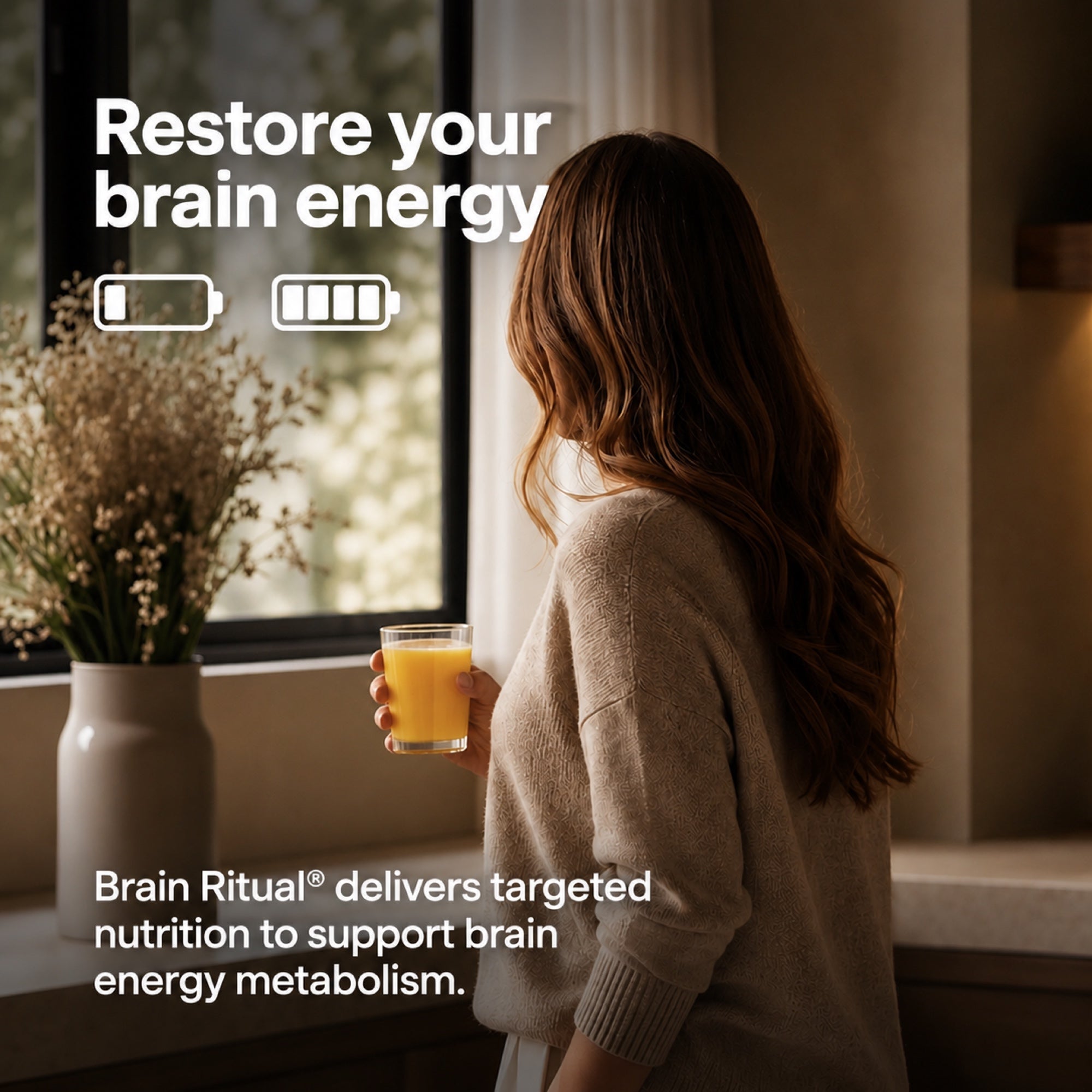 Graphic headed Restore Your Brain Energy, showing a woman holding a yellow drink by a window, with low and full battery icons.