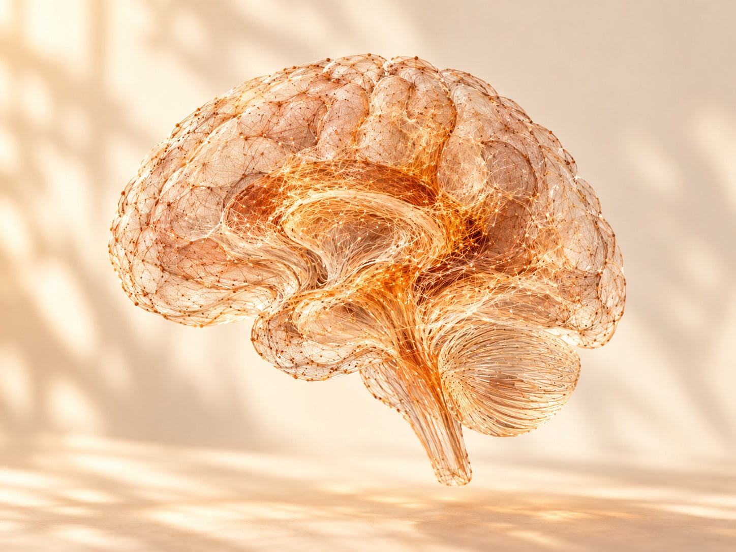 An abstract warm-toned brain formed from fine translucent mesh fibers