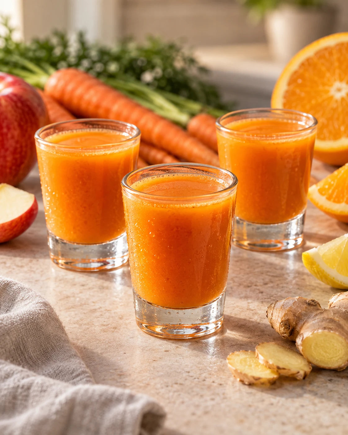 Three orange apple carrot citrus ginger wellness shots