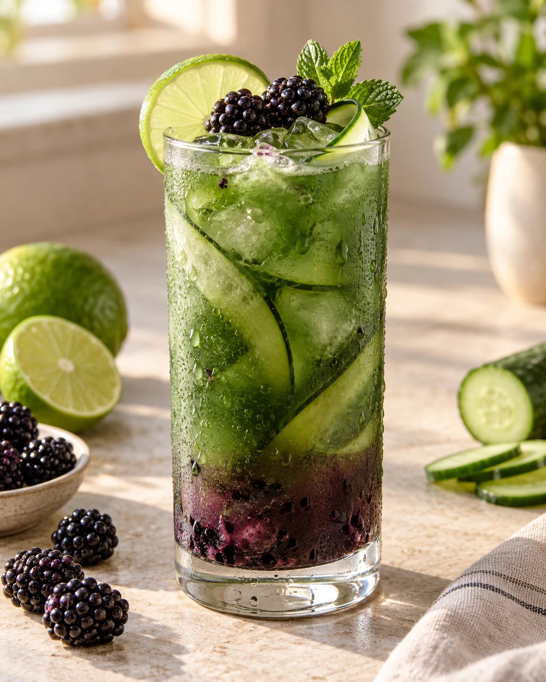 Green blackberry lime refresher with cucumber, lime and fresh blackberries