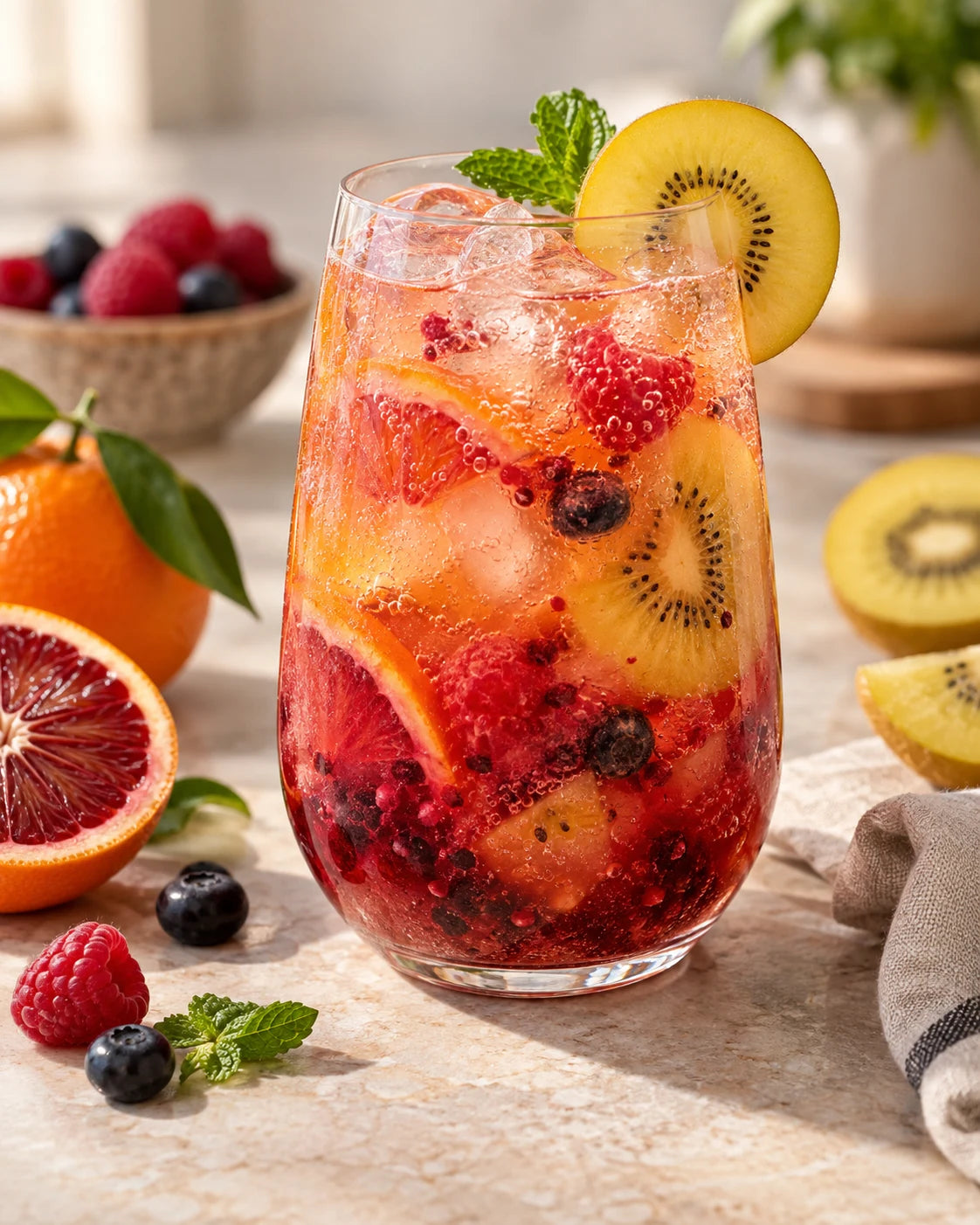 Sparkling citrus berry mocktail with golden kiwi and mixed berries