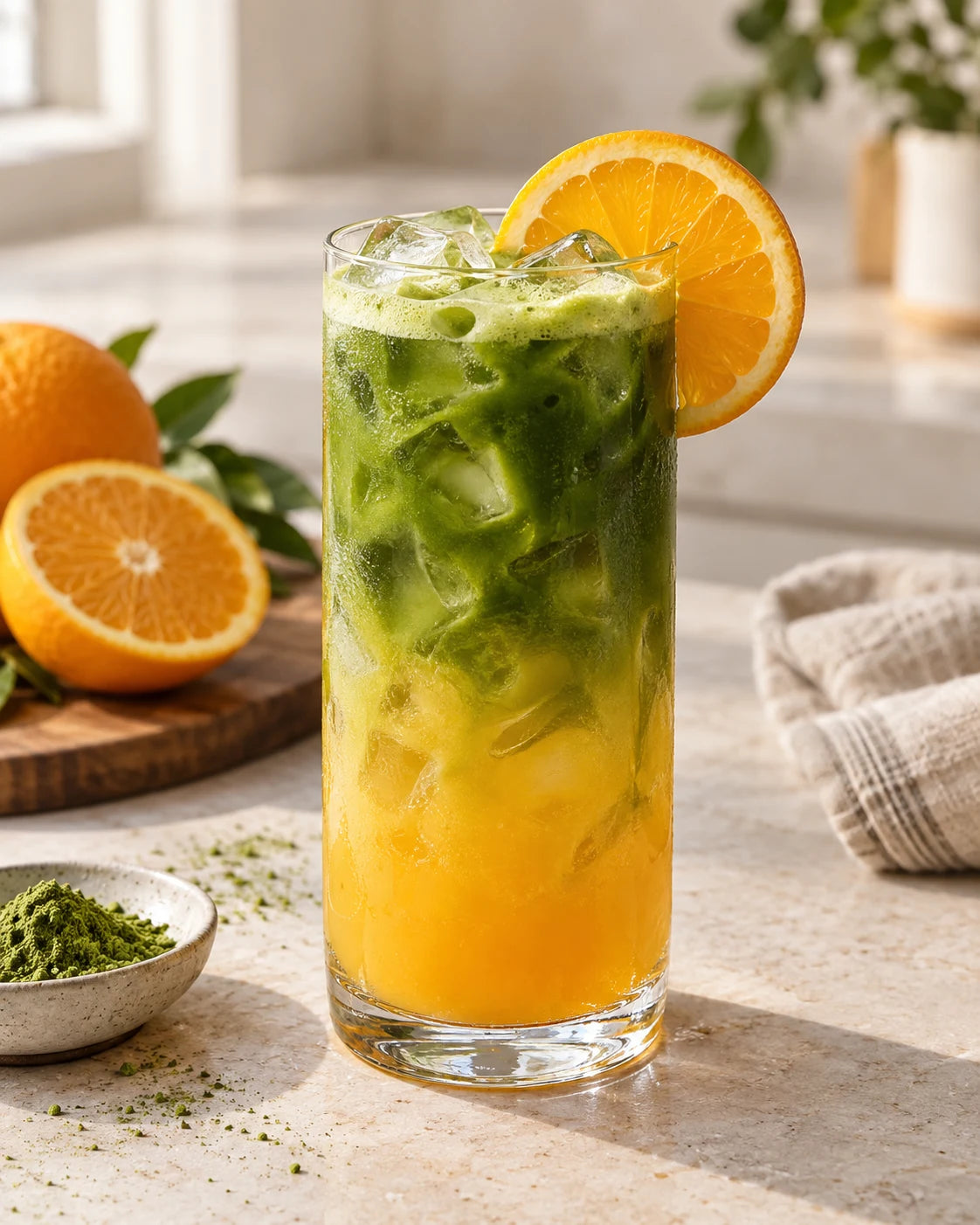 Layered citrus matcha cooler with fresh orange and ice
