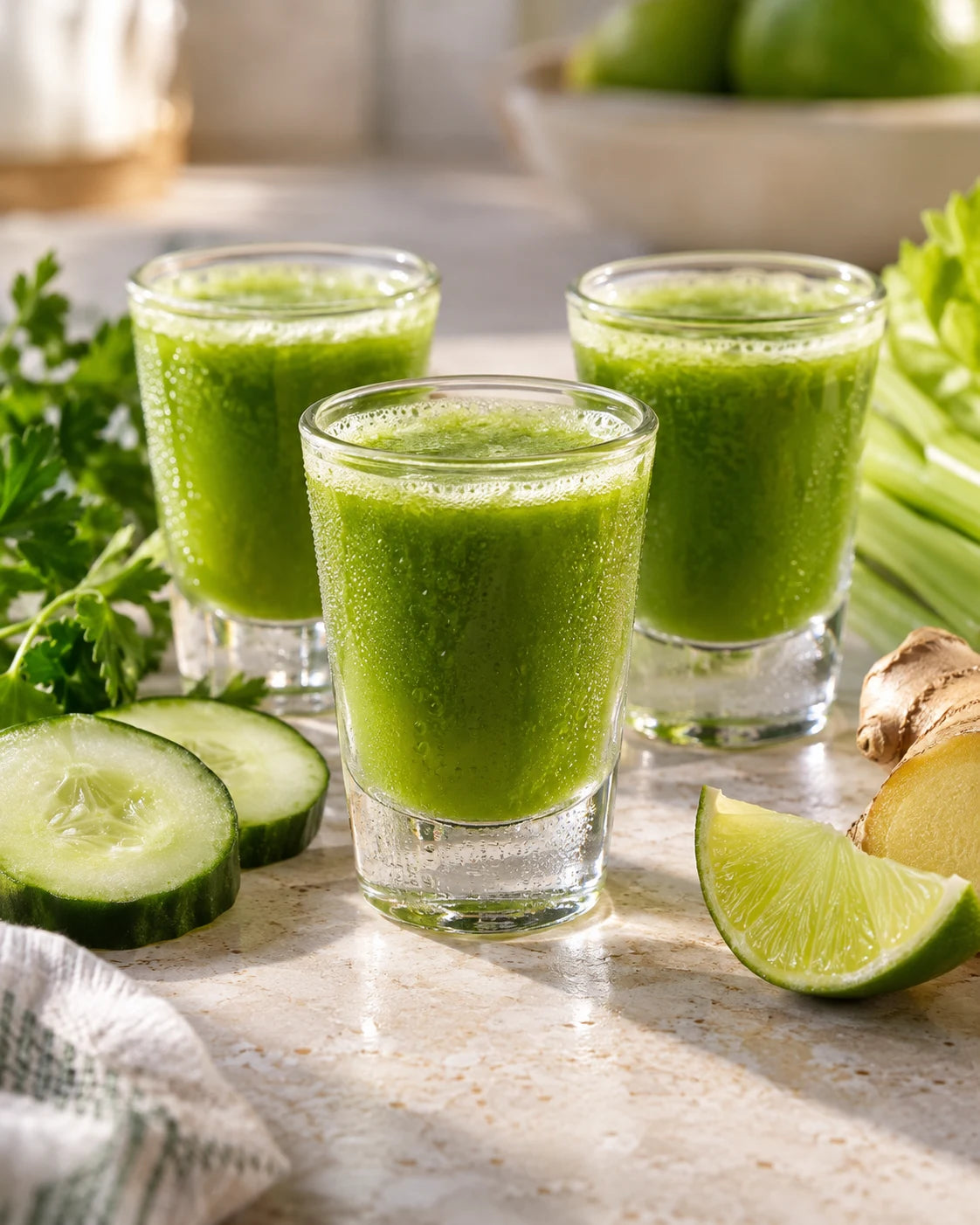 Three green cucumber celery lime wellness shots