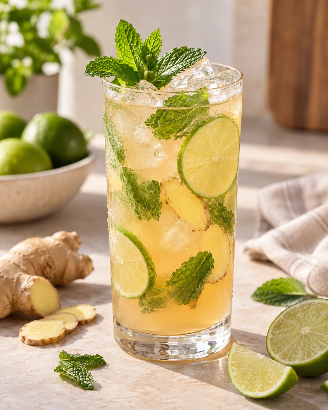 Chilled ginger lime refresher with fresh mint, lime and ginger