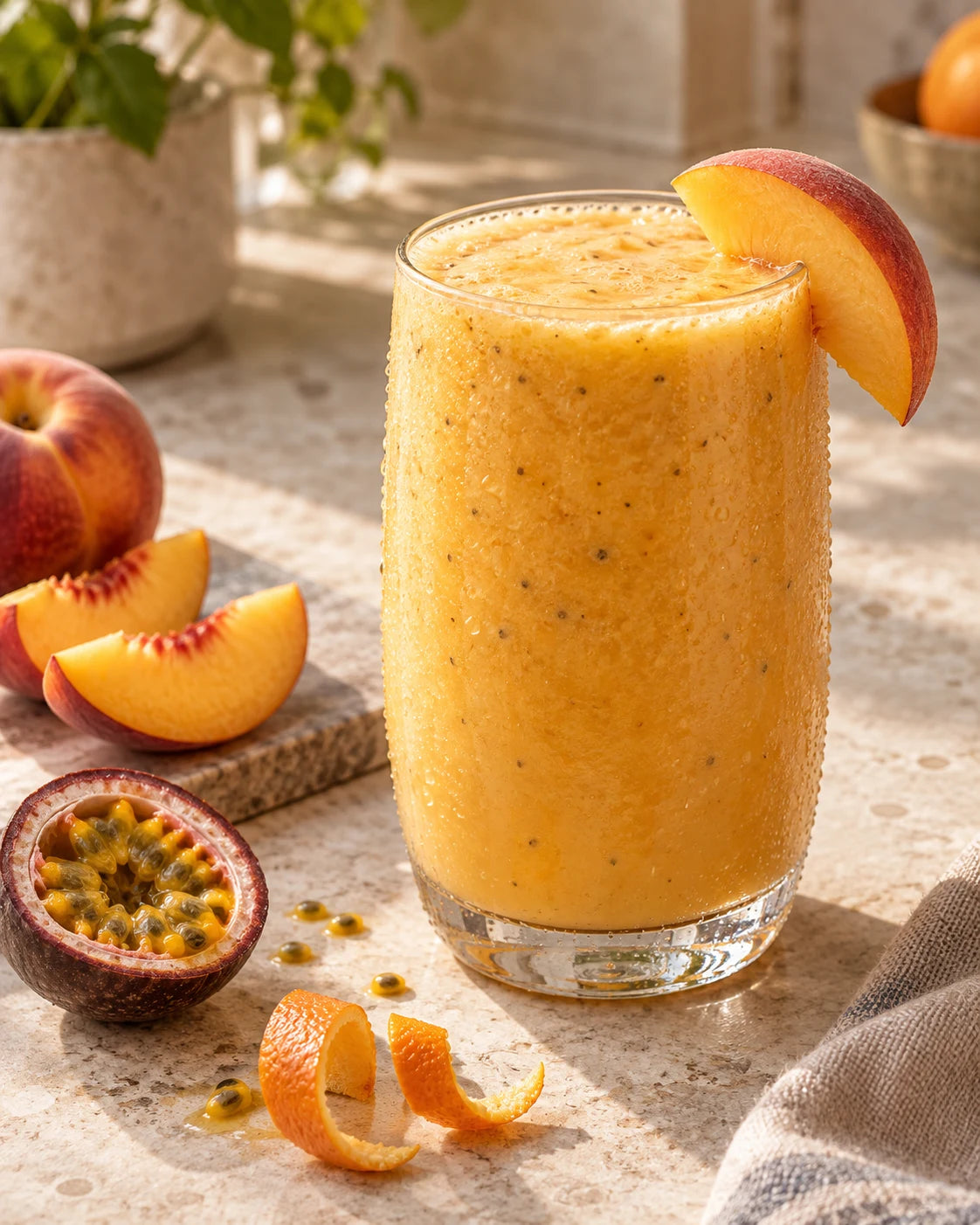 Creamy peach and passion fruit smoothie in a chilled glass