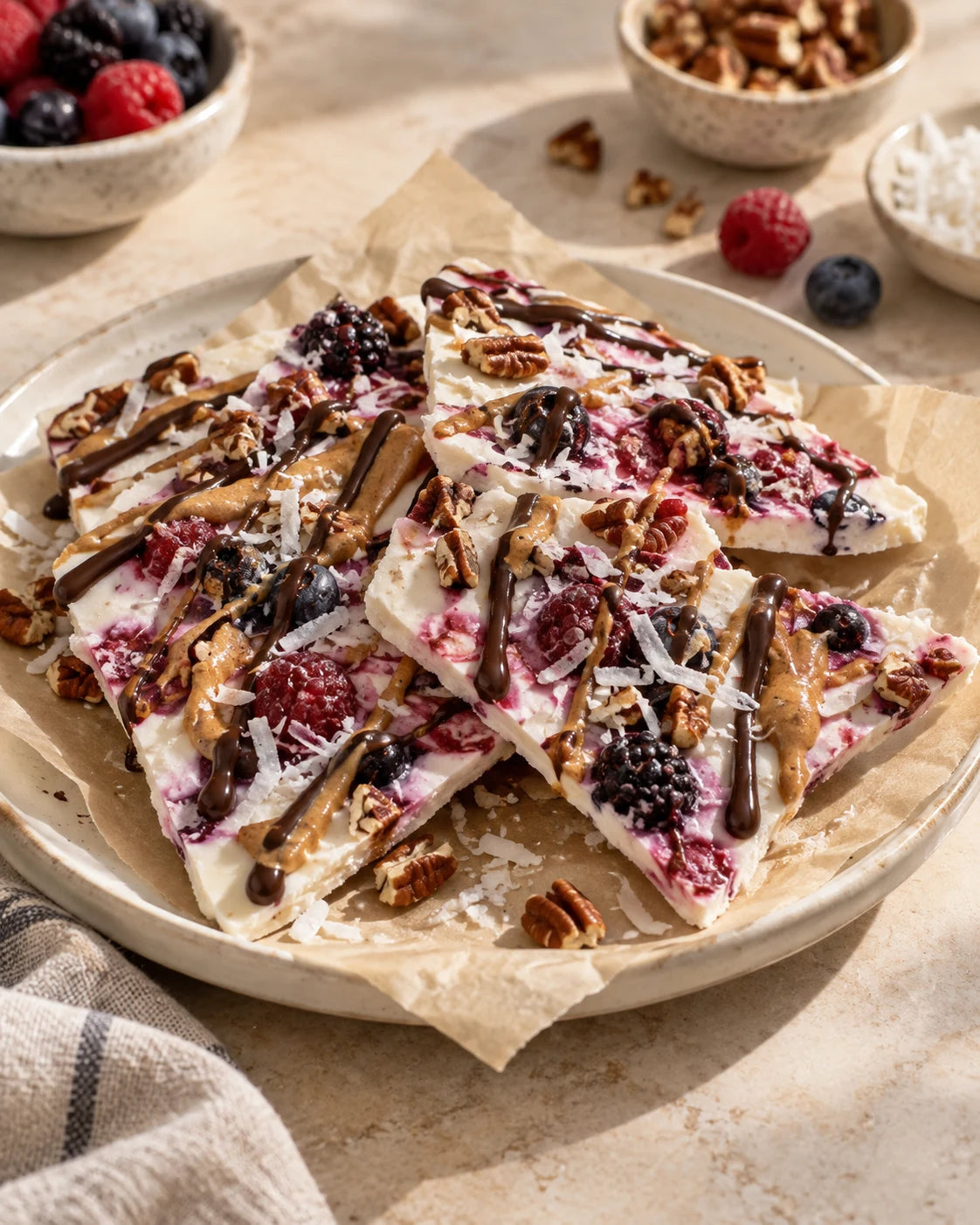 Mixed berry yogurt bark with pecans, coconut, chocolate and almond butter drizzle