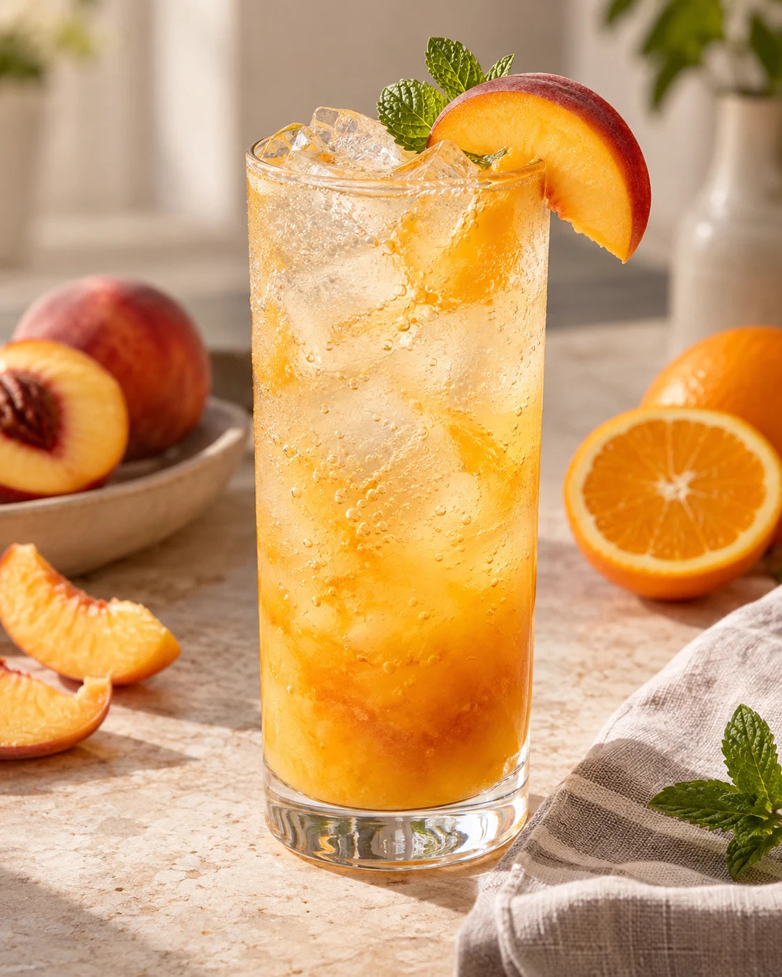 Sparkling peach cobbler mocktail with fresh peach puree and a peach garnish