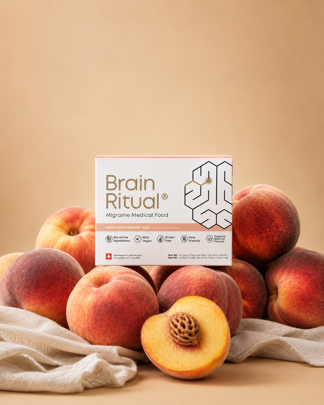 Brain Ritual peach and passion fruit medical food box surrounded by peaches