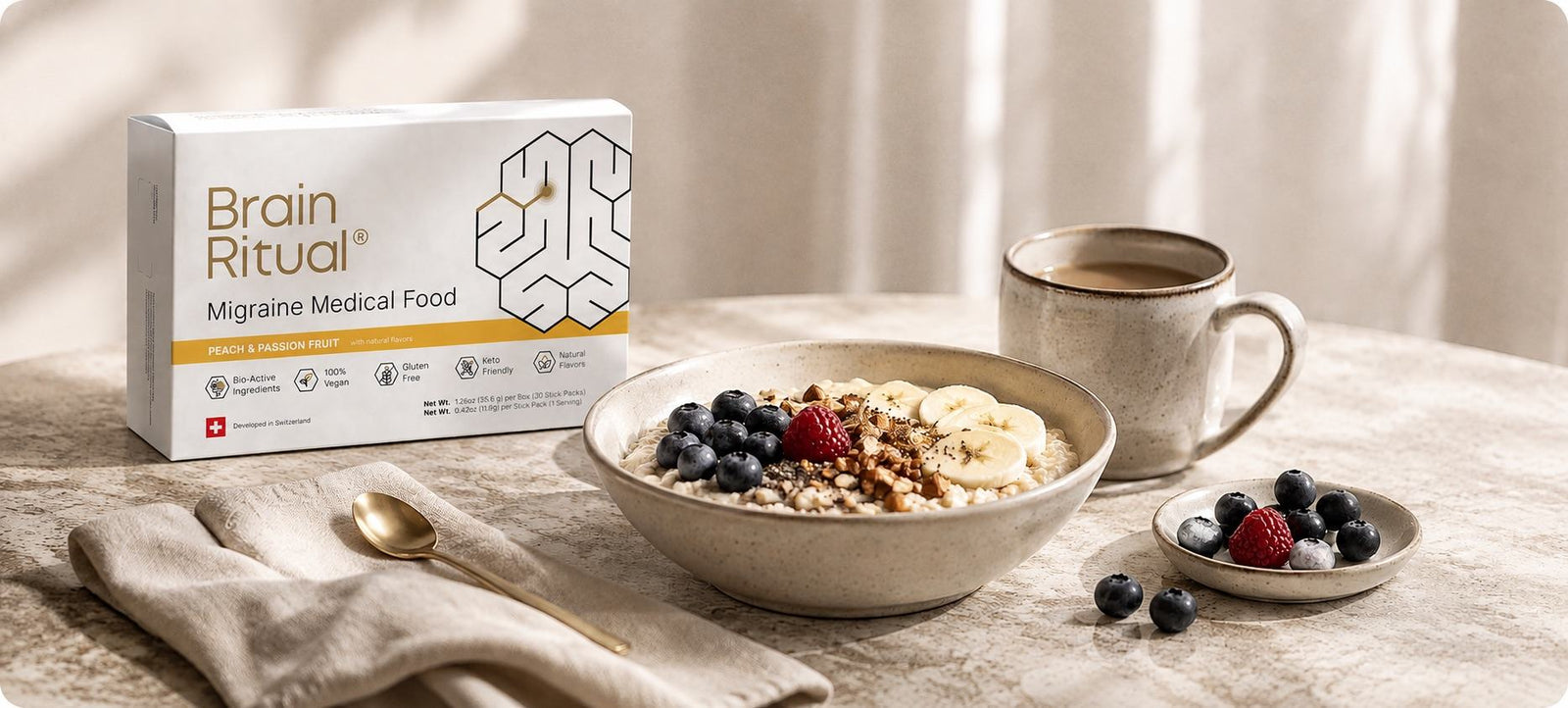 Brain Ritual box beside a breakfast bowl with berries and banana