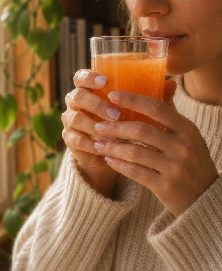 Woman drinking Brain Ritual outdoors in warm light