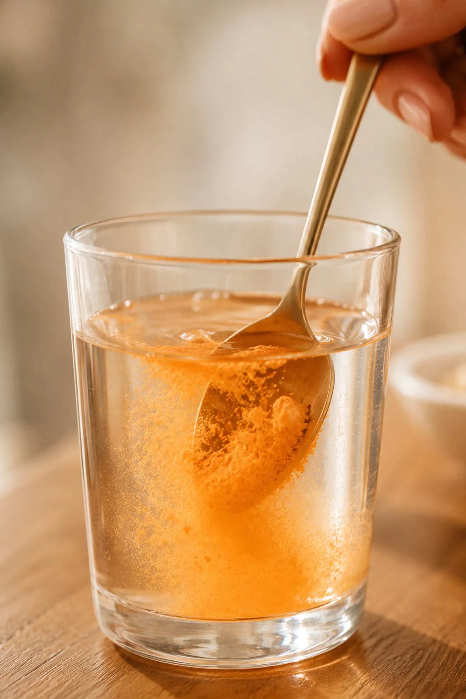 Mixing an orange Brain Ritual supplement into a glass of water